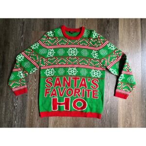 #followme Ugly Christmas Sweater Womens XL Green Santa's Favorite Ho Funny Knit